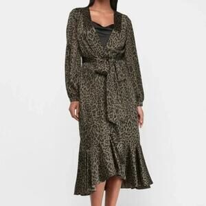 Express Leopard Print Satin Wrap Duster Kimono Midi Dress womens small‎ evening